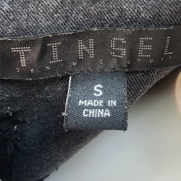 TINSEL Women’s Distressed Black Denim Jacket with Pearl Accents - Size S - Picture 4 of 12